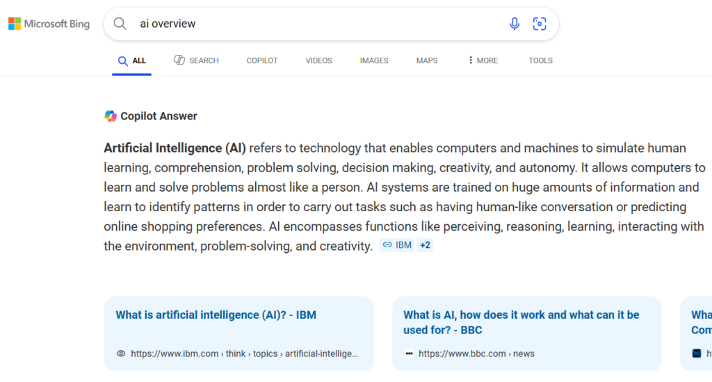 A screen grab of searching AI Overviews on Microsoft Bing