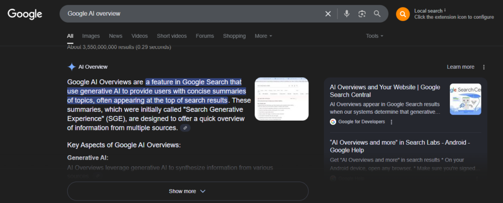 A screen grab of searching about Google AI Overviews on Google