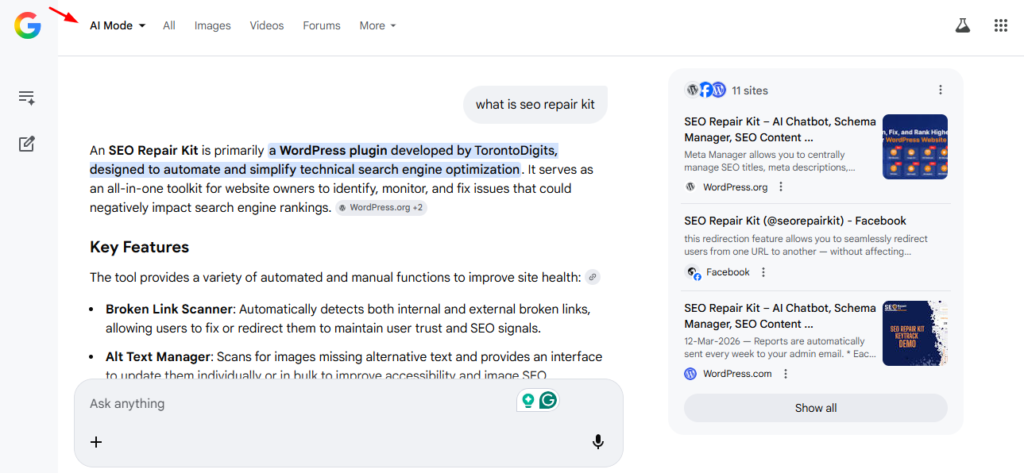 A screenshot of google AI Mode